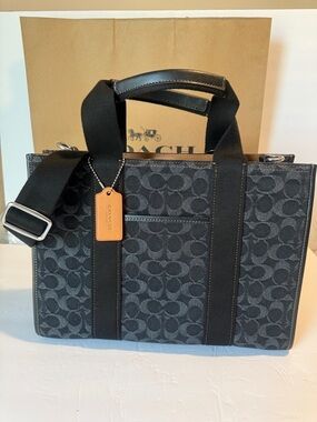 Coach Black Signature signature Smith Tote with Tan Leather Tag
